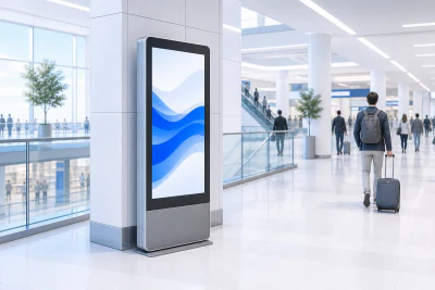 Indoor digital screen in a bright commercial venue.