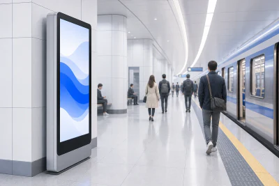 Metro platform with a digital advertising screen and train.