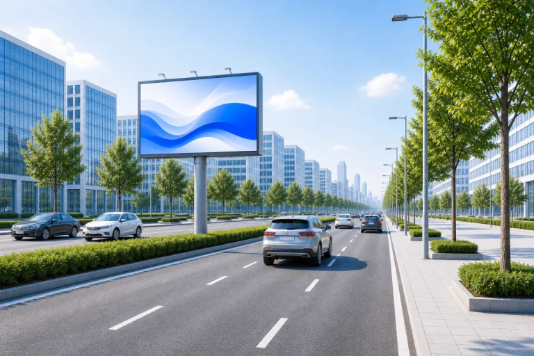 Large outdoor digital billboard in a modern city street.
