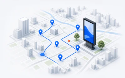 Map discovery illustration with media pins, route lines, and a digital outdoor screen.