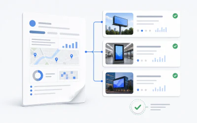 Media proposal illustration with a planning document and recommended placement cards.